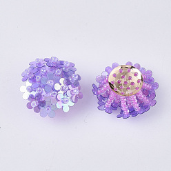 Medium Purple PVC Paillette Cabochons, Cluster Beads, with Glass Seed Beads and Golden Plated Brass Perforated Disc Settings, Flower, Medium Purple, 20~23x10~11mm