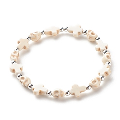 Blanc Bracelet extensible en perles de turquoise synthétique (teint) avec croix et tête de mort, bijoux de pierres précieuses d'halloween pour femmes, blanc, diamètre intérieur: 2-1/4 pouce (5.6 cm)