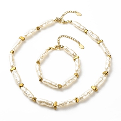 Oro Collar de pulsera con cuentas de hematita sintética y perla de imitación abs, conjunto de joyas para mujer, oro, 7-1/2 pulgada (19 cm), 15.98 pulgada (40.6 cm)