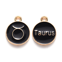 Taurus Alloy Enamel Pendants, Flat Round with Constellation, Light Gold, Black, Taurus, 15x12x2mm, Hole: 1.5mm, 50pcs/Box