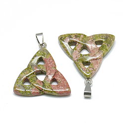 Unakite Natural Unakite Pendants, with Stainless Steel Snap On Bails, Trinity Knot/Triquetra, Irish, 23~40x33~38x5~7mm, Hole: 6x4mm