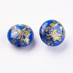 Bleu Royal Perles de résine imprimées de fleurs, plat rond, bleu royal, 16.5x9mm, Trou: 2mm