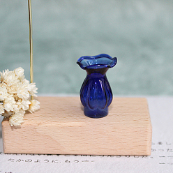 Bleu Foncé Ornements miniatures de vase en verre à haute teneur en borosilicate, accessoires de maison de poupée de jardin paysager micro, faire semblant de décorations d'accessoires, avec bord ondulé, bleu foncé, 15x20mm