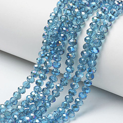 Light Blue Electroplate Glass Beads Strands, Half Plated, Blue Plated, Faceted, Rondelle, Light Blue, 3.5x3mm, Hole: 0.4mm, about 123~127pcs/strand, 13.7~14.1 inch(35~36cm)