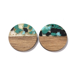 Turquoise Transparent Resin & Walnut Wood Pendants, with Gold Foil, Flat Round Charm, Turquoise, 28x3mm, Hole: 2mm