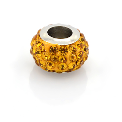 Topaz 304 Stainless Steel Polymer Clay Rhinestone European Beads, Large Hole Rondelle Beads, Topaz, 12.5x8mm, Hole: 5mm