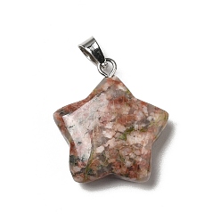 Unakite Natural Unakite Pendants, Star Charms, with Platinum Tone Stainless Steel, 22~22.5x19~20x5~5.5mm, Hole: 5x3mm