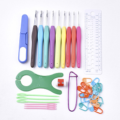Mixed Color Tool Sets, Aluminum Crochet Hooks, with TPR Handle, Scissor, Ruler, Knit Needle, Stitch Holder, Counter, Locking Stitch Marker, Thread Winding Board, Mixed Color, 20x12x4cm