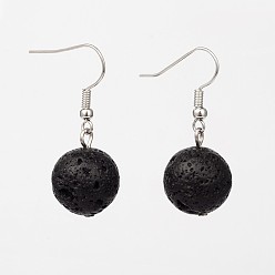 Black Natural Lava Rock Gemstone Round Dangle Earrings, with Platinum Plated Brass Hooks, Black, 35mm, Pin: 0.7mm