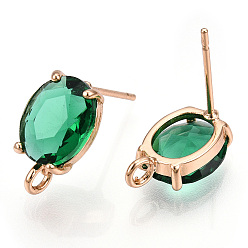 Sea Green Brass Stud Earring Findings, with Glass, Oval with Loop, Light Gold, Sea Green, 12~14x8mm, Hole: 1.2mm, Pin: 0.6~0.7mm