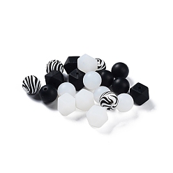 Noir Perles focales rondes/polygonales en silicone de qualité alimentaire, perles à mâcher pour les jouets de dentition, Diy soins infirmiers colliers faisant, motif zébré, noir, 14~15x15~18x14~15mm, Trou: 2.3~2.5mm, 20 pcs /sachet 