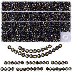 Noir Kit de fabrication de bracelets extensibles avec lettres DIY, y compris les perles acryliques rondes plates, fil élastique, noir, perles: 7x4 mm, Trou: 1.5mm, 1485~1620 pcs / boîte