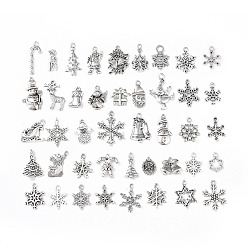 Antique Silver Tibetan Style Alloy Pendants, Christmas Theme Mixed Shapes Charms, Antique Silver, 16~28.5x7~22x2.5~3.5mm, Hole: 1.5mm, 40pcs/set