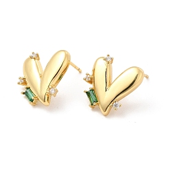 Real 18K Gold Plated Green Cubic Zirconia Heart Stud Earrings, Brass Jewelry for Women, Cadmium Free & Lead Free, Real 18K Gold Plated, 15.5x15.5mm, Pin: 0.9mm