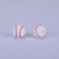 Blanco Cuentas focales de silicona redondas impresas con patrón de béisbol, blanco, 15x15 mm, agujero: 2 mm