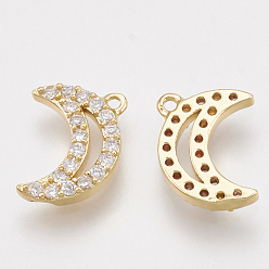 Real 18K Gold Plated Brass Cubic Zirconia Charms, Moon, Clear, Real 18K Gold Plated, 9x7x1.5mm, Hole: 0.8mm