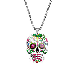 Colorful Stainless Steel Skull with Flower Pendant Necklaces, Halloween Jewelry for Women, Colorful, 23.62 inch(60cm)