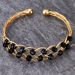 Real 18K Gold Plated Brass Wire Wrap Cuff Bangle with Round Beaded, Real 18K Gold Plated, Inner Diameter: 2-3/8 inch(6cm)