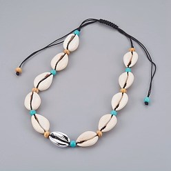 Silver Adjustable Cowrie Shell and Synthetic Turquoise Beaded Necklaces, with Electroplated Sea Shell Beads and Wood Beads, Nylon Cord, Silver, 13~25.2 inch(33~64cm)