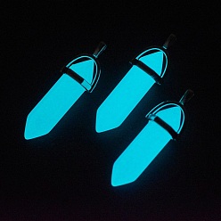 Cyan Synthetic Luminous Stone Double Terminated Pointed Pendants, Glow in the Dark, with Platinum Plated Alloy Findings, Bullet, Cyan, 40x13x10.5mm, Hole: 2x4mm