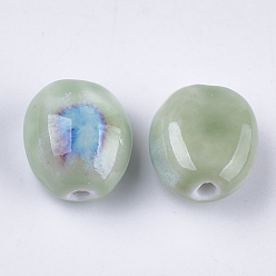 Medium Aquamarine Handmade Porcelain Beads, Fancy Antique Glazed Porcelain, Oval, Medium Aquamarine, 20~21x17.5~18x12~13mm, Hole: 2.5~3mm