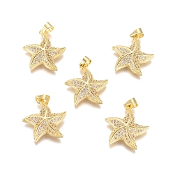 Golden Brass Micro Pave Clear Cubic Zirconia Pendants, Long-Lasting Plated, Starfish/Sea Stars, Clear, Golden, 19.8x17.5x4.5mm, Hole: 4x3.5mm