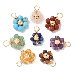 Mixed Color Natural Mixed Stone Beaded Pendants, with Gold Tone Copper Wire Wrapped Findings, Flower Charms, Mixed Color, 12.5~13.5x9~11x4.5mm, Hole: 2.5mm