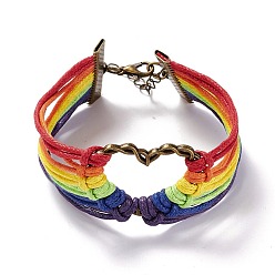 Coloré Bracelet de fierté arc-en-ciel, bracelet large lien coeur, bracelet cordons cirés homme femme, colorées, 9-3/8 pouce (23.8 cm)
