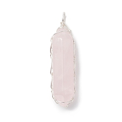 Silver Natural Rose Quartz Copper Wire Wrapped Pendants, Double Termimal Pointed Faceted Bullet Charms, Silver, 37~38x10x9.5mm, Hole: 2.5mm