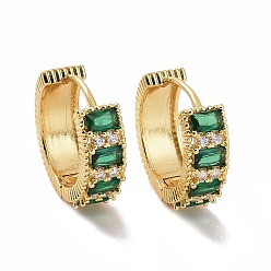 Green Cubic Zirconia Rectangle Hoop Earrings, Golden Brass Jewelry for Women, Green, 20.5x22x7mm, Pin: 1.2mm