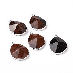 Obsidienne Acajou Acajou naturel pendentifs en obsidienne, avec les accessoires en laiton, facette, goutte , argenterie, 31~35x20~25x7~9mm, Trou: 2.5mm