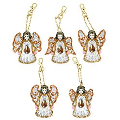 Angel & Fairy Kits de peinture au diamant porte-clés diy, y compris pendentif en acrylique, diamant, outil de forage au diamant, chaîne de boule, fermoir pivotant, motif d'ange, pendentif: 75x56~70 mm, 5 pièces / kit
