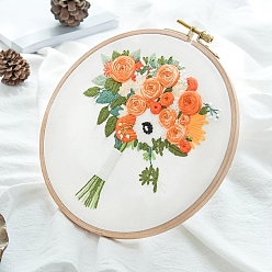 Orange Flower Bouquet Pattern 3D Embroidery Starter Kits, including Embroidery Fabric & Thread, Needle, Instruction Sheet, Orange, 290x290mm