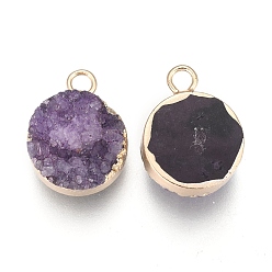 Purple Natural Druzy Agate Pendants, with Real 18K Gold Plated Brass Finding, Long-Lasting Plated, Flat Round, Dyed, Purple, 18~20x14x5~10mm, Hole: 2~3mm