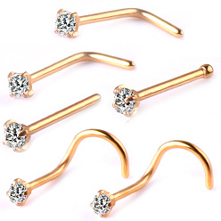 Golden 6Pcs 6 Style Clear Cubic Zirconia Nose Studs, 316 Surgical Stainless Steel Fishtail & L-shape & Nose Bone Rings, Nose Piercing Jewelry for Women, Golden, 7~8mm, Pin: 0.8mm, 1Pc/style