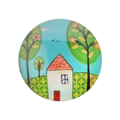 Разноцветный Пол круглые кабошоны, стекло, с рисунками деревьев , красочный, 25x7 мм