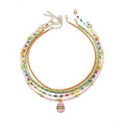 Mixed Color 4Pcs 4 Style Glass Seed Imitatin Pearl Beaded Necklaces Set, Alloy Enamel Easter Egg Charm Stackable Necklaces for Women , Mixed Color, 15.28~17.72 inch(38.8~45cm), 1Pc/style