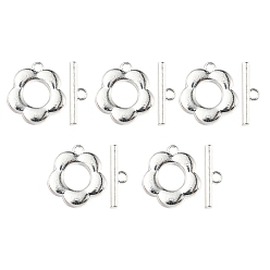 Matte Silver Color Alloy Toggle Clasps, Flower, Matte Silver Color, Flower: 14x13x2mm, Bar: 4x13x2mm, Hole: 1.2mm