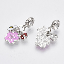 Platinum Alloy European Dangle Charms, with Enamel and Iron Jump Rings, Large Hole Pendants, Flower and Bees and Ladybug, Colorful, Platinum, 31mm, Hole: 5mm