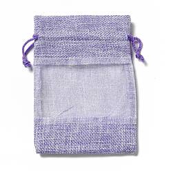 Lilac Linen Pouches, Drawstring Bags, with Organza Windows, Rectangle, Lilac, 14x10x0.5cm