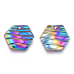 Rainbow Color Revestimiento iónico (ip) 304 colgantes de acero inoxidable, encanto hexagonal, color del arco iris, 17x19x2 mm, agujero: 1.2 mm