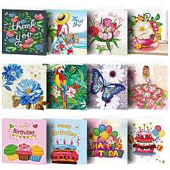 Mixed Color DIY Birthday Theme Diamond Painting Greeting Card Kits, including Paper Card, Paper Envelope, Resin Rhinestones, Diamond Sticky Pen, Tray Plate and Glue Clay, Mixed Color, Paper: 150x300mm, 12 patterns, 1pc/pattern, 12pcs
