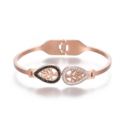 Rose Gold 304 Stainless Steel Bangles, with Polymer Clay Rhinestone, Teardrop with Tree, Rose Gold, 61x47.5mm