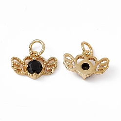 Black Rack Plating Brass Cubic Zirconia Charms, Heart with Wing Charm, with Jump Ring, Long-Lasting Plated, Real 18K Gold Plated, Lead Free & Cadmium Free, Black, 8.5x13.5x3.5mm, Hole: 3.2mm