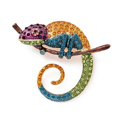 Sandy Brown Alloy Enamel Brooches, with Rhinestone, Chameleon, Light Gold, Sandy Brown, 58x71x13mm, Hole: 6.8x6mm, Pin: 0.7mm