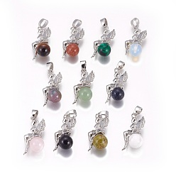 Mixed Stone Natural & Synthetic Mixed Stone Pendants, with Platinum Tone Brass Findings, Fairy, 25~26x12~13x8mm, Hole: 3.5x5.5mm