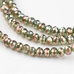 Olive Drab Electroplate Glass Beads Strands,  Full Rainbow Plated, Faceted Rondelle, Olive Drab, 3x2mm, Hole: 1mm, about 170pcs/strand, 15 inch