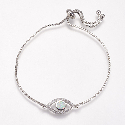 Blanc Bracelets bolo réglables en laiton, bracelets de slider, Avec de l'opale synthétique et de la zircone cubique, oeil, platine, blanc, 8-3/4 pouces (222 mm), 1mm, lien: 20x9x3 mm