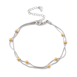 Golden & Stainless Steel Color Vacuum Plating 304 Stainless Steel Double Satellite Chains Multi-strand Anklet, Beaded Round Snake Chains Anklet for Women, Golden & Stainless Steel Color, 7-7/8 inch(19.9cm)