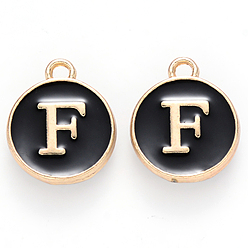 Letter F Golden Plated Alloy Charms, with Enamel, Enamelled Sequins, Flat Round, Black, Letter.F, 14x12x2mm, Hole: 1.5mm, 50pcs/Box